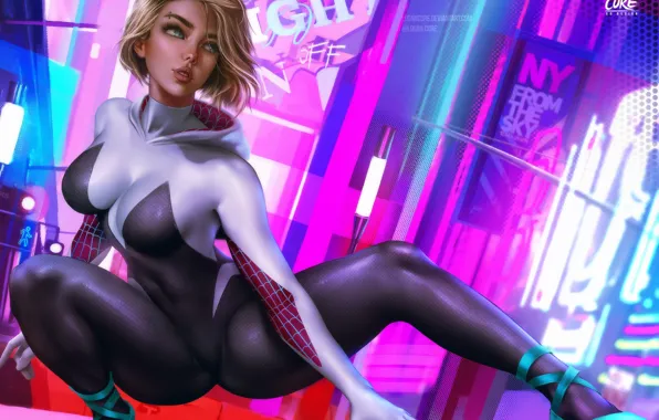 Girl, Neon, Blonde, Light, Costume, Art, Fiction, Super Hero