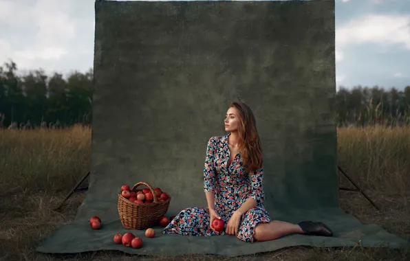 Girl, pose, basket, apples, Max Kuzin