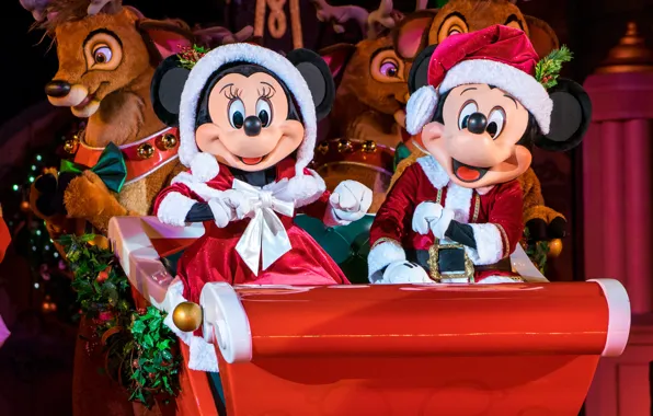 Christmas, New year, sleigh, deer, Disney World, Mickey Mouse, Disney world, Minnie Mouse