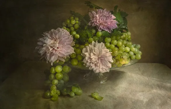 Flowers, green, table, bouquet, grapes, vase, pink, still life