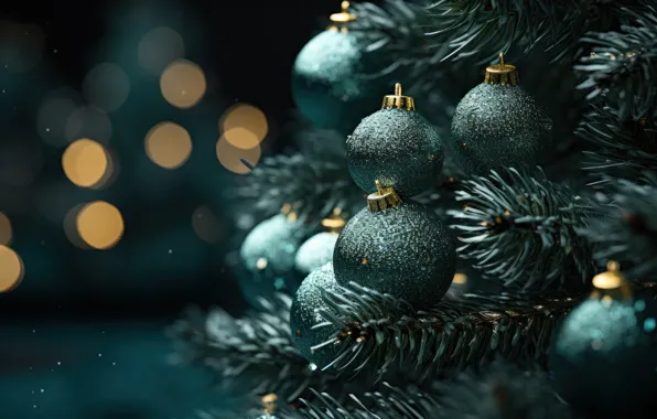 Balls, branches, lights, the dark background, balls, Shine, green, Christmas