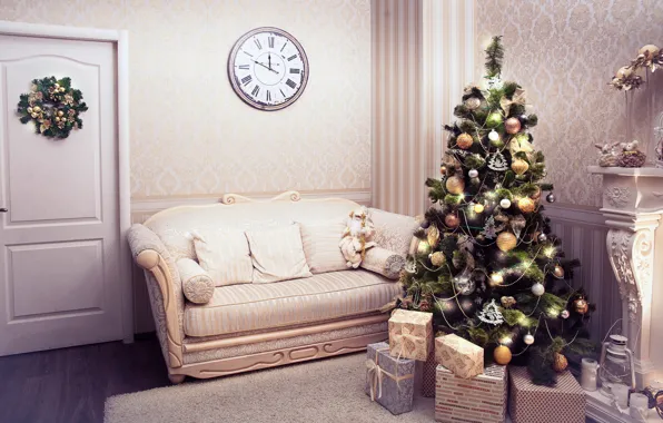 Decoration, design, room, sofa, wall, holiday, balls, toys