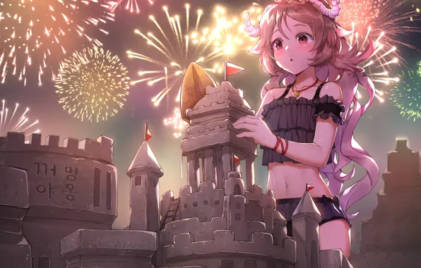 Picture Girl, The game, Castle, Salute, Girl, Hair, Eyes, Art