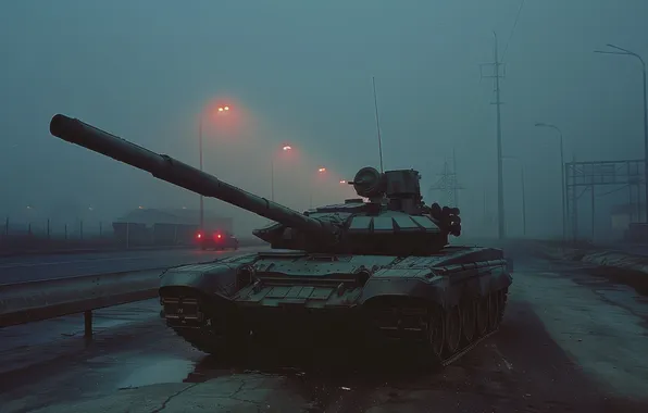 Road, Lights, Night, Tank, Digital art, AI art, The Art of Artificial Intelligence, Neural network