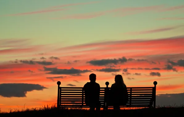 The sky, clouds, the evening, silhouette, pair, glow, bench