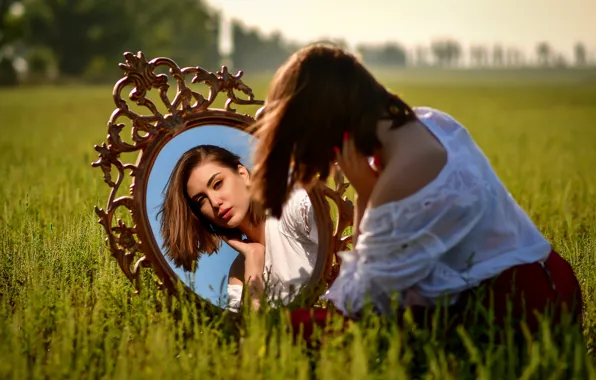 Field, grass, girl, nature, reflection, skirt, makeup, mirror