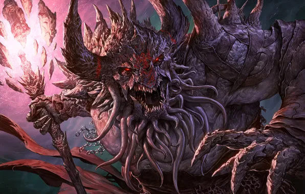 Colors, demon, fantasy, weapon, creature, scars, tentacles