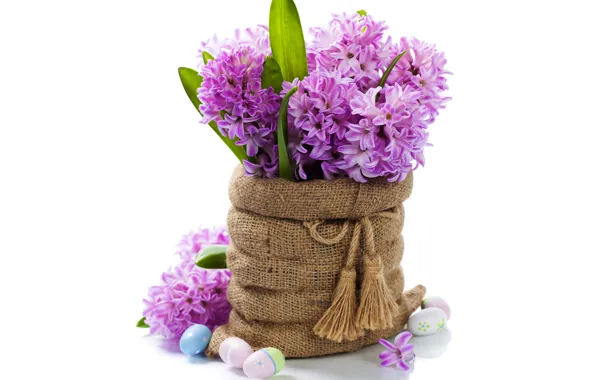 Picture eggs, flowers, spring, hyacinths, bouquet, easter, lilac