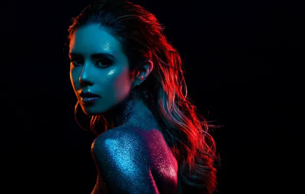 Look, portrait, makeup, hairstyle, brown hair, beauty, black background, glitter