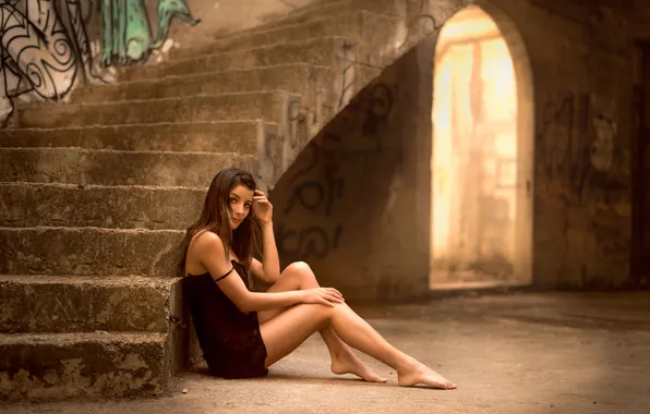 Picture look, pose, model, makeup, dress, hairstyle, ladder, brown hair