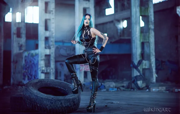 Girl, pose, style, feet, plant, boots, leather, makeup