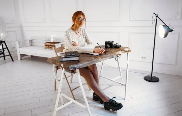 Girl, Look, Watch, Glasses, Table, Lamp, Girl, The camera