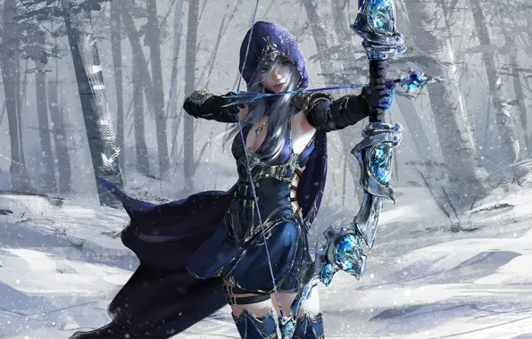 Picture girl, fantasy, game, forest, blue eyes, snow, League of Legends, digital art