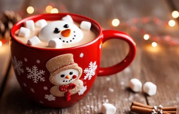 Lights, table, Board, Christmas, mug, Cup, New year, snowman