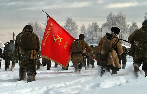Picture SNOW, SOLDIERS, WINTER, RED, FLAG, EQUIPMENT, BANNER
