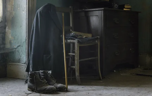 Shoes, chair, cane, jacket, naturalism
