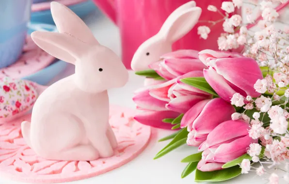 Picture flowers, spring, Easter, tulips, happy, pink, flowers, tulips, spring, Easter, eggs, bunny, delicate, decoration, pastel