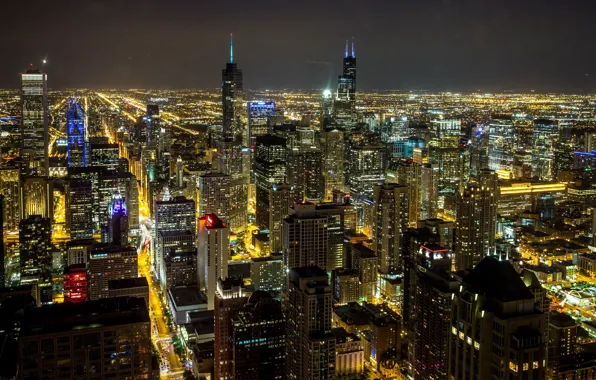 City, lights, Chicago, Illinois, panorama, night, glow, streets