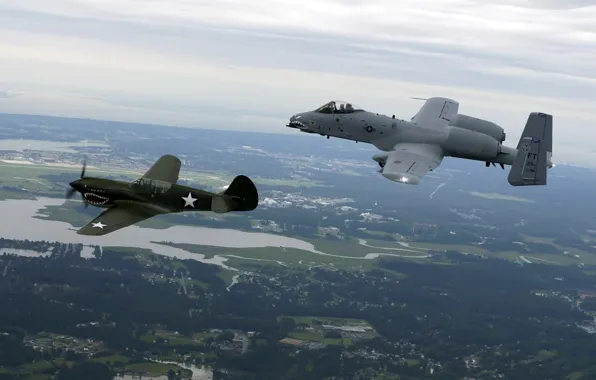 Flight, earth, fighter, attack, A-10, Tomahawk, Thunderbolt II, Curtiss P-40