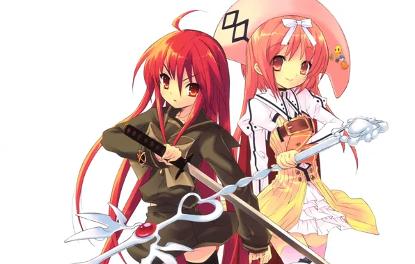 Katana, fairy, white background, shakugan no shana, shana, art, red hair, crossovers