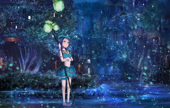 Picture water, girl, trees, flowers, night, the city, fireflies, home