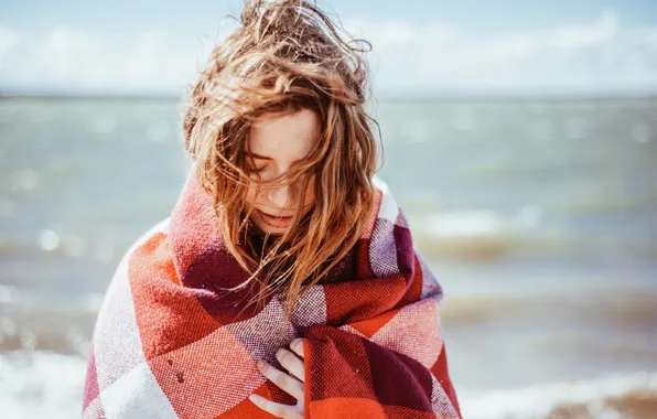 Picture girl, the wind, hair, plaid