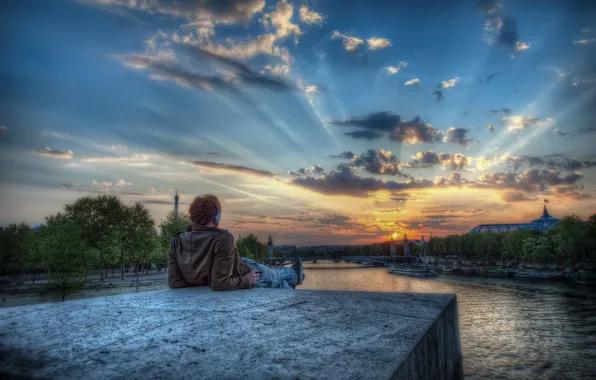 Sunset, river, Paris, HDR