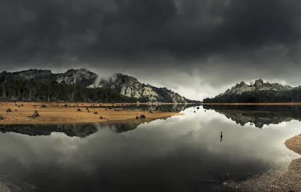 Picture the storm, clouds, trees, lake, reflection, mirror, hill, stumps