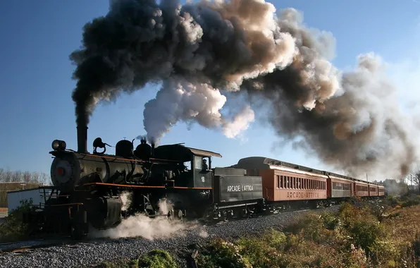 Train, cars, the smoke from the chimney