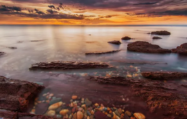 Sea, the sky, clouds, stones, dawn, shore, horizon
