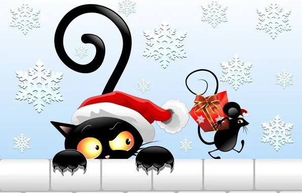Picture look, gift, hat, new year, vector, mouse, tail, black cat
