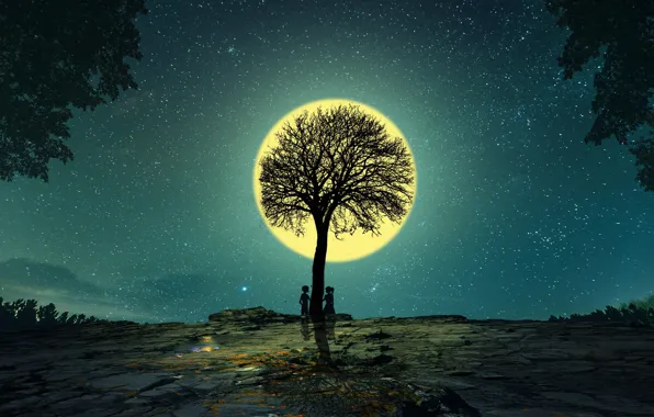 Night, tree, the moon, romance, graphics, stars, pair, digital art