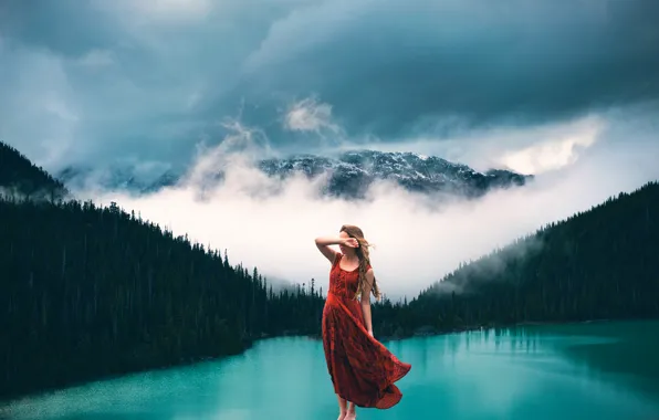 Picture forest, girl, mountains, fog, lake, stones, breathing, Lizzy Gadd