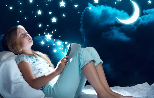 Stars, night, stay, the moon, bed, child, girl, moon