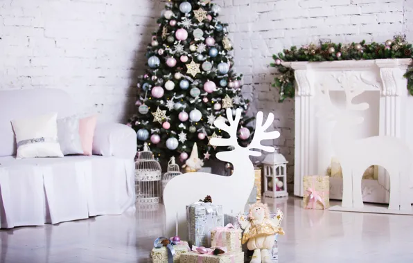 Picture decoration, room, toys, tree, New Year, Christmas, gifts, white