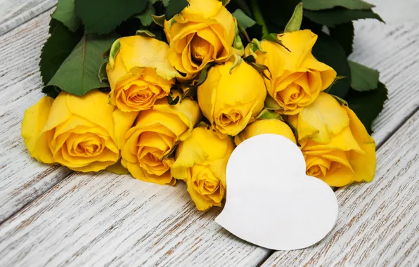 Roses, bouquet, yellow, heart, yellow, flowers, romantic, roses