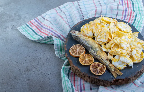 Towel, fish, chips