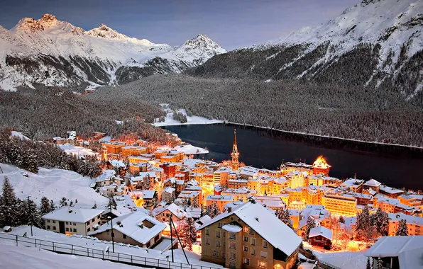 Landscape, mountains, lights, lake, home, Switzerland, St. Moritz