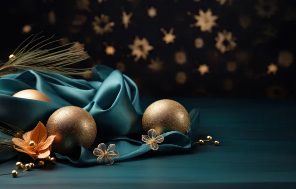Balls, the dark background, balls, Christmas, New year, blue, gold, blue background