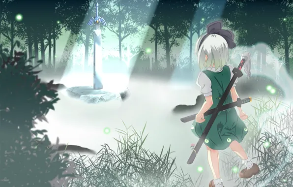 Grass, fireflies, katana, fairy forest, Myon, Konpaku Youmu, a beam of light, wakizashi