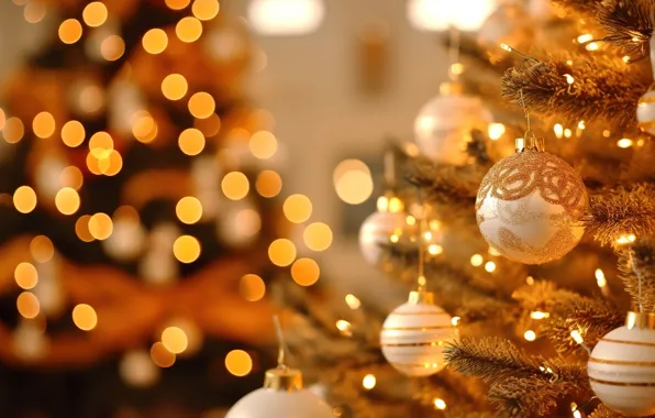 Decoration, background, balls, tree, New Year, Christmas, golden, new year