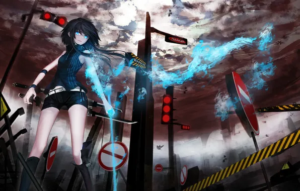Picture the sky, girl, clouds, weapons, katana, anime, signs, art