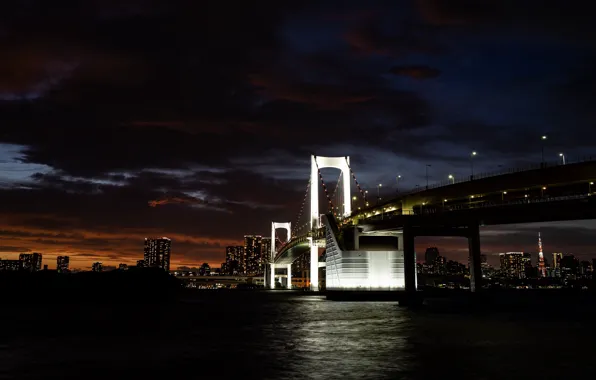 City, lights, dark, wallpaper, twilight, river, bridge, water