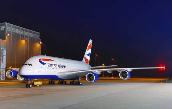 Picture The sky, Lights, Night, Airport, Sky, Lights, Night, A380