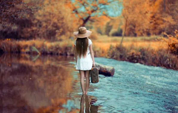 Girl, river, the way, hat, dress.suitcase