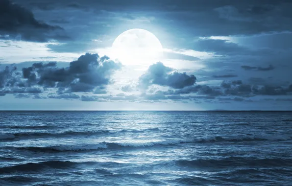 Sea, the sky, clouds, landscape, the ocean, moonlight, sky, sea
