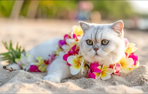 Sand, cat, beach, cat, look, light, flowers, pose