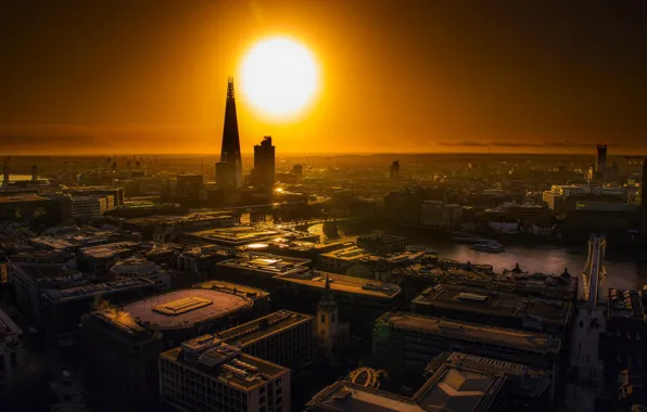 The sun, city, the city, river, sunrise, London, building, home