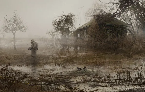 House, Soldiers, Stalker, Pripyat, STALKER, Fog, Mac Rebisz, by Mac Rebisz