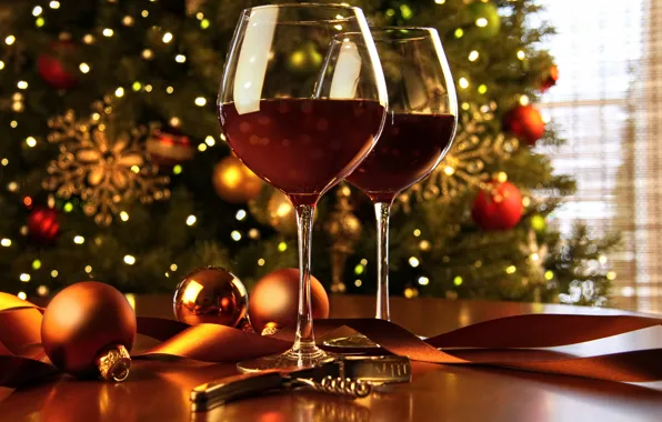 Decoration, wine, balls, tree, New Year, glasses, Christmas, Christmas